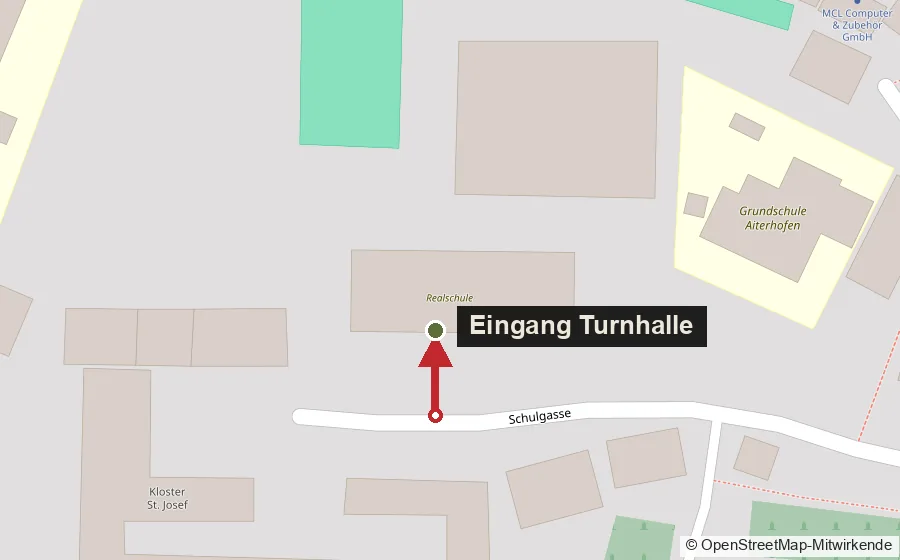Kartenausschnitt mit Markierung: Eingang zur Turnhalle an der Schulgasse in Aiterhofen