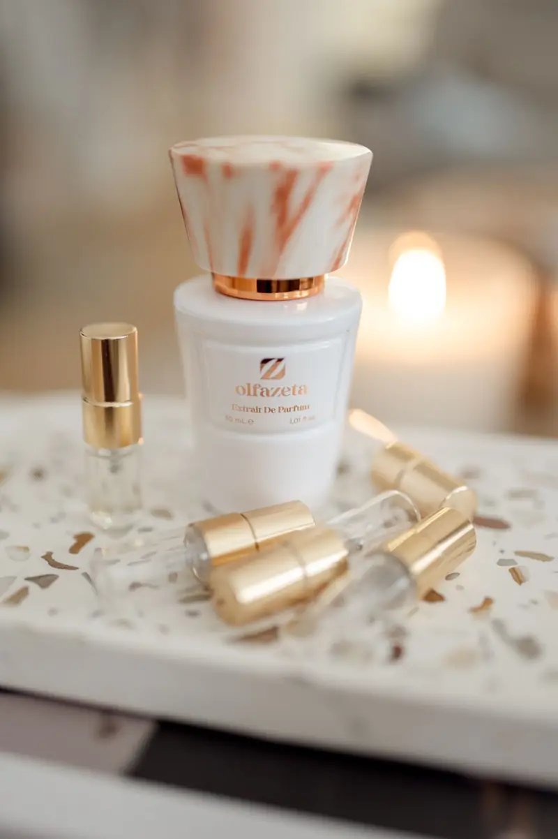 Parfum auf einem Terrazzo-Tablett mit goldenen Zerstäubern