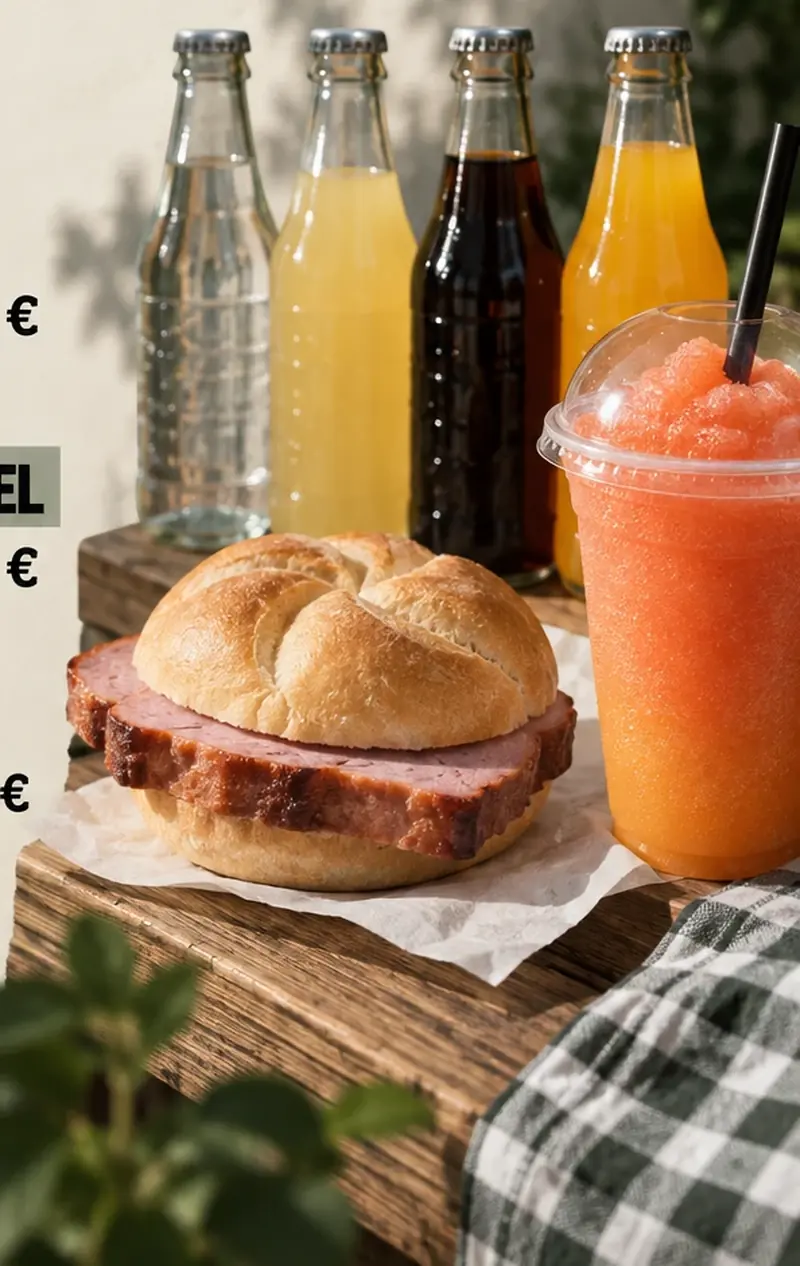 Flaschen mit Limonade, Leberkäsesemmel und Orangen-Slushy auf einem Holztisch
